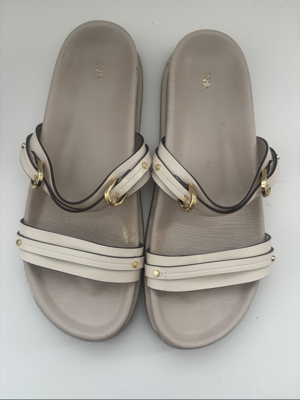 ZARA Beige and Cream Slide Sandals with Gold Buckles
